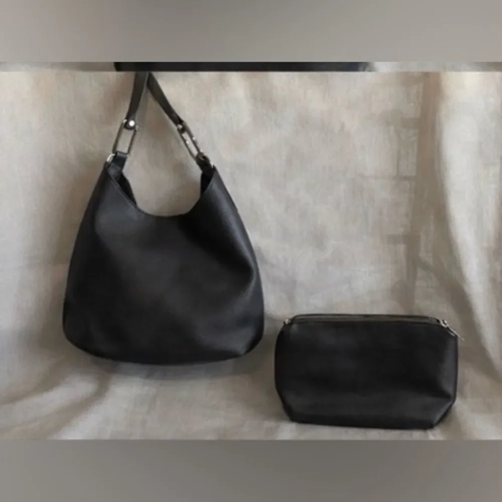 Set of Black Leather Boho Hobo Bag & Makeup Pouch Bundle | Minimalist Shoulder